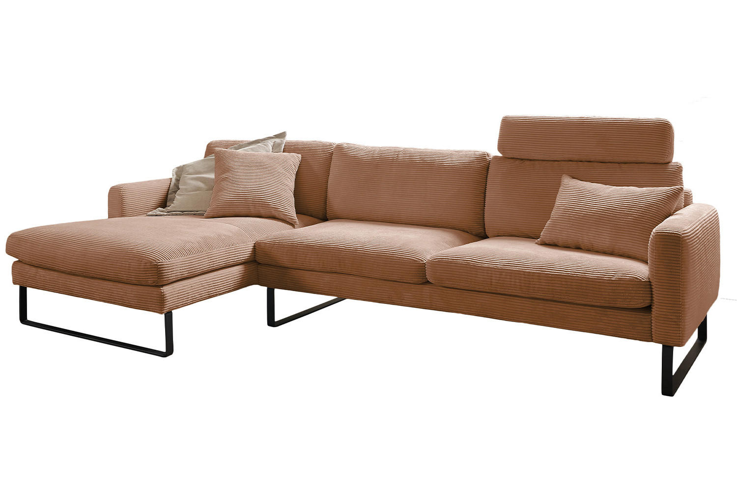 ECKSOFA RICARDA Braun Cord - Dunkelbraun/Schwarz, Textil/Metall (298/154cm) - KAWOLA