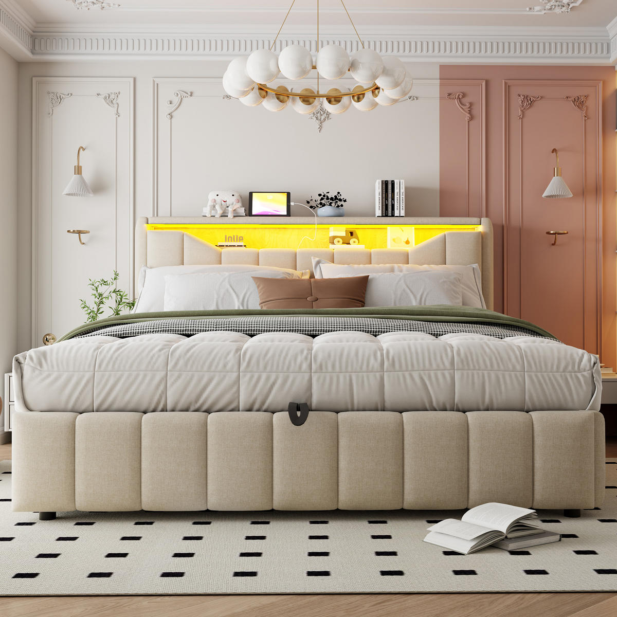 BOXBETT 180/200 mit Bettkasten, LED/USB-C, Lattenrost, Leinen, Beige - Beige, Holz/Textil (180/200cm) - LVHOM