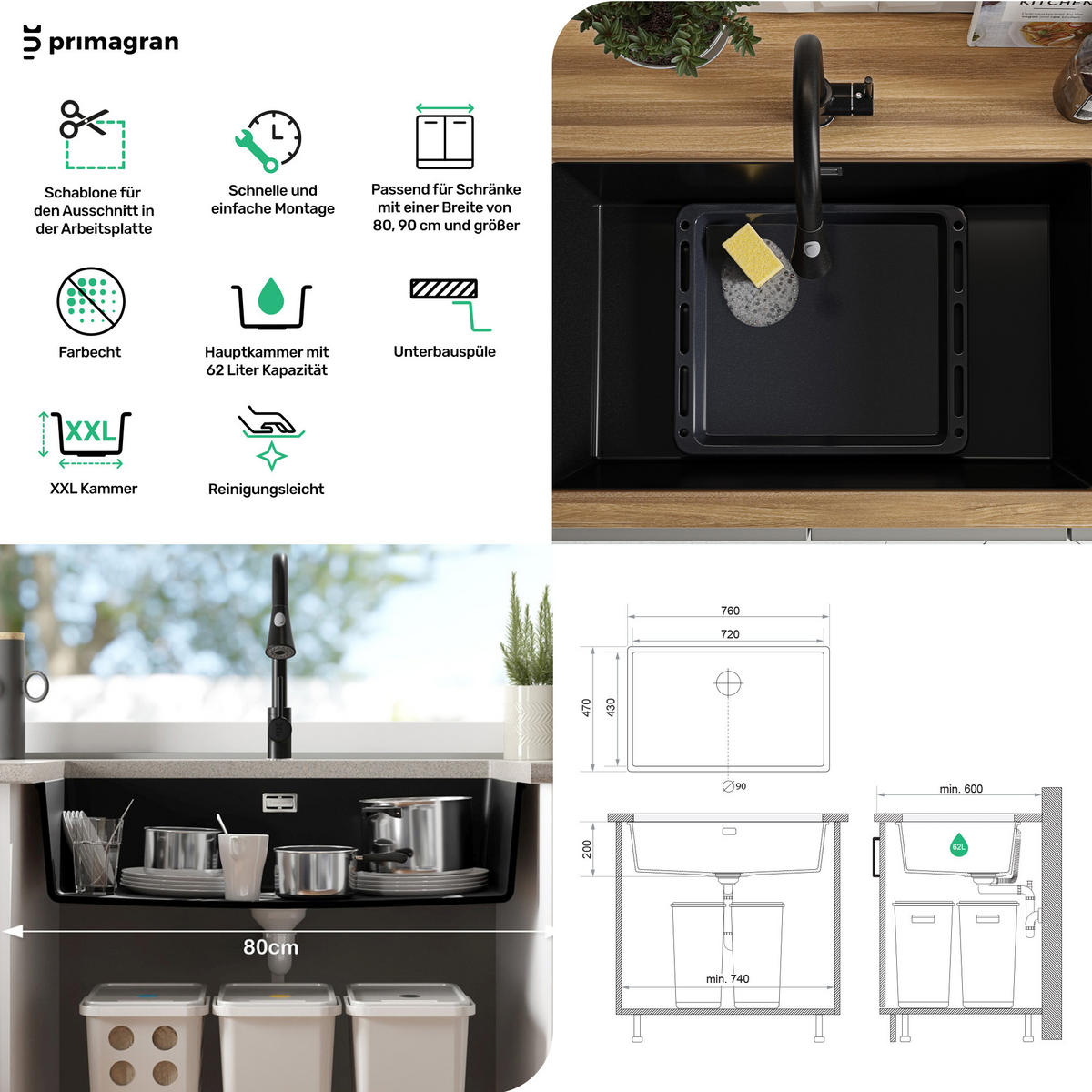 UNTERBAUSPÜLE GRANIT London, 2-er set Schwarz 76/47 cm 1 Becken + Küchenarmatur 32/20 cm + Ablauf-Set ab 80er Unterschrank - Chromfarben/Schwarz, Kunststoff (76/20/47cm) - Primagran