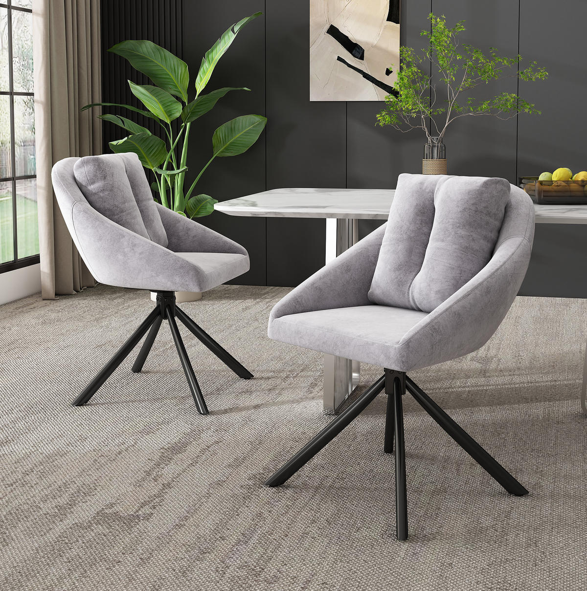 DREHSTUHL 2er-Set Grau aus Samt mit Rollen - Grau, Metall (62.23/49.53/72.39cm) - OKMYHOME