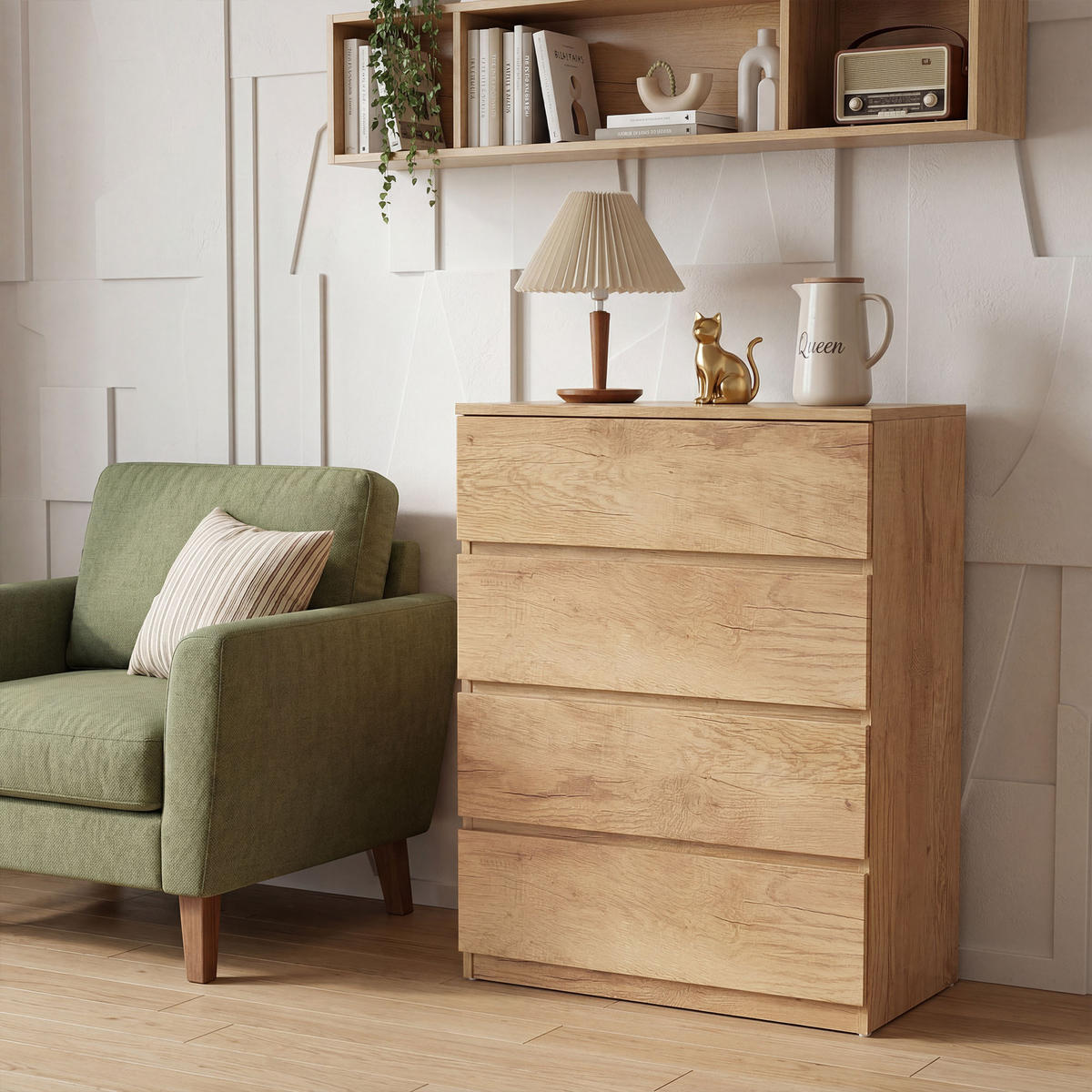 KOMOODE DE-12863 4 Schubladen, grifflos, minimalistisch Natur - Naturfarben, Holzwerkstoff (60/80/40cm) - ComfortXL