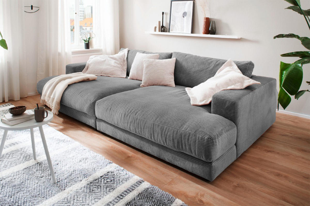 BIG SOFA XL MADELINE Grau Cord - Schwarz/Grau, Kunststoff/Textil (290/85/190cm) - KAWOLA