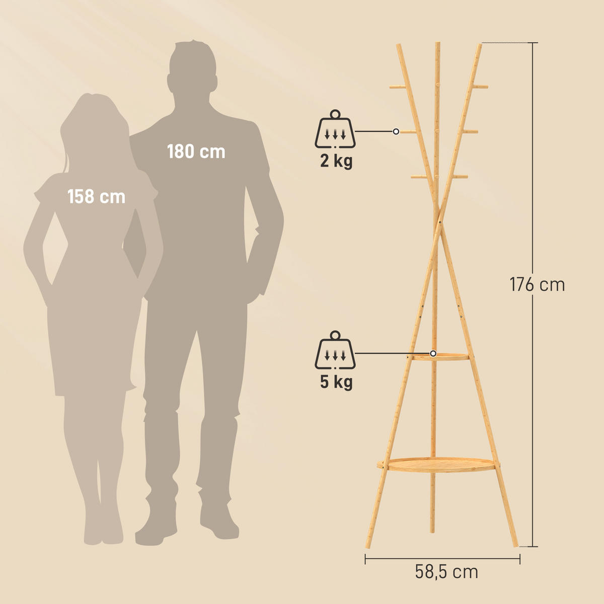 GARDEROBENSTÄNDER Bambus MDF Naturholz - Naturfarben, Naturmaterialien/Holzwerkstoff (58.5/176/58.5cm) - HOMCOM