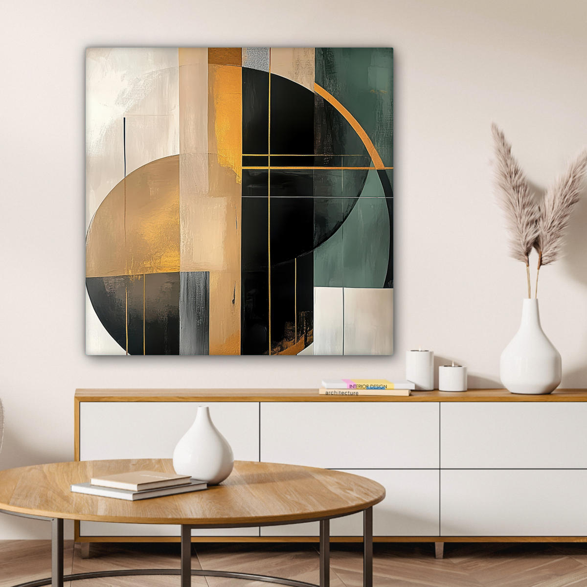 LEINWANDBILD - Abstrakt - Gold - Bronze - Grün - Formen - Modern - 90x90 - Gemälde - Multicolor, Textil (90/90cm) - MuchoWow