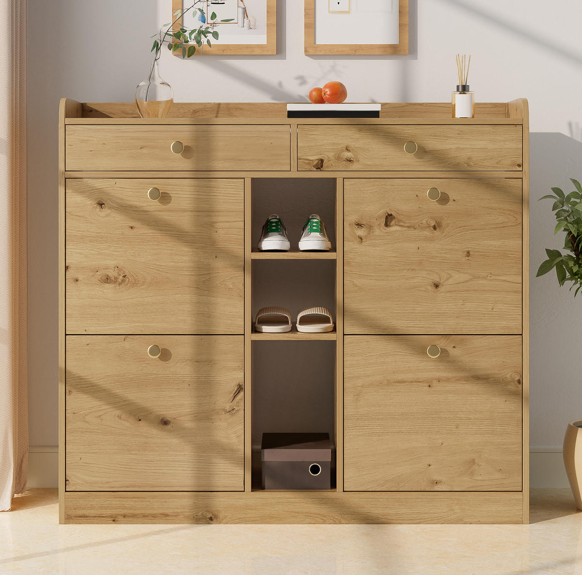 SCHUHSCHRANK aus Spanplatte 110x26x100cm in Natur mit 4 Klapptüren - Naturfarben, Holzwerkstoff (110/100/26cm) - Modfu