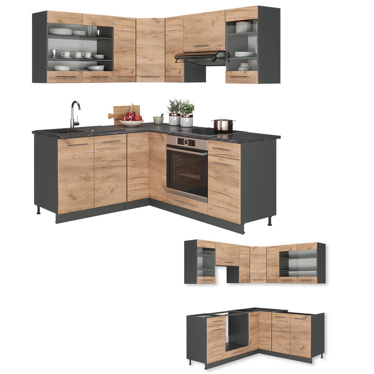 ECKKÜCHE Fame-Line Goldkraft Eiche/Anthrazit 160 x 60 cm ohne AP - Honigeiche/Anthrazit, Holzwerkstoff (190/81.6/46cm) - Vicco
