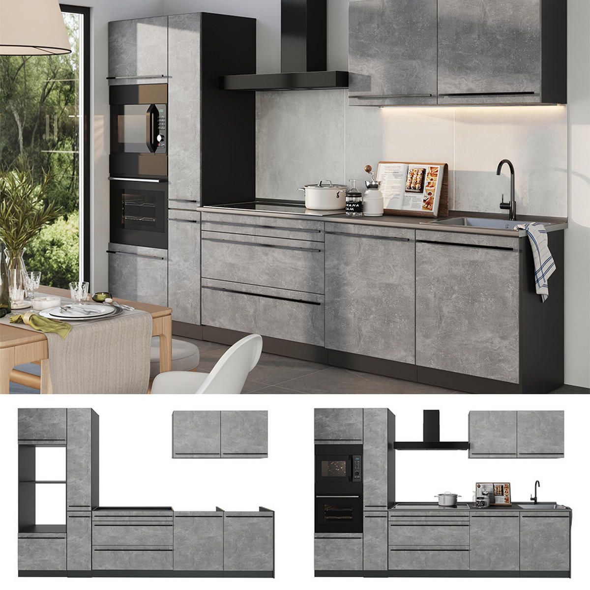 KÜCHENZEILE R-Line, Beton/Anthrazit, 310 cm Arbeitsplatte Anthrazit - Anthrazit/Grau, Holzwerkstoff (310/206.8/60cm) - Vicco