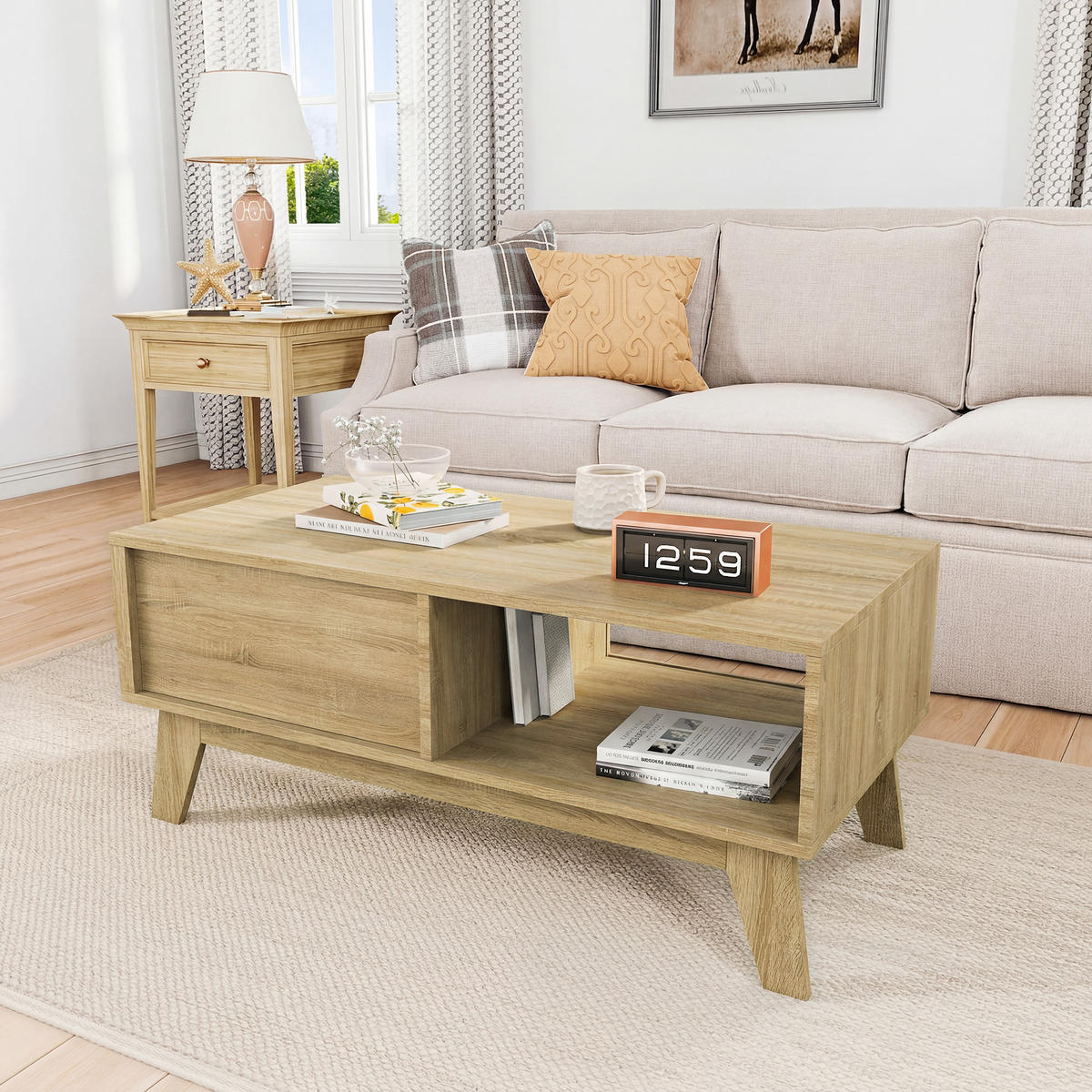 COUCHTISCH holzoptik mit schiebetür und offenem fach - Eichefarben, Holz (95/41/48cm) - SHOPENTRA