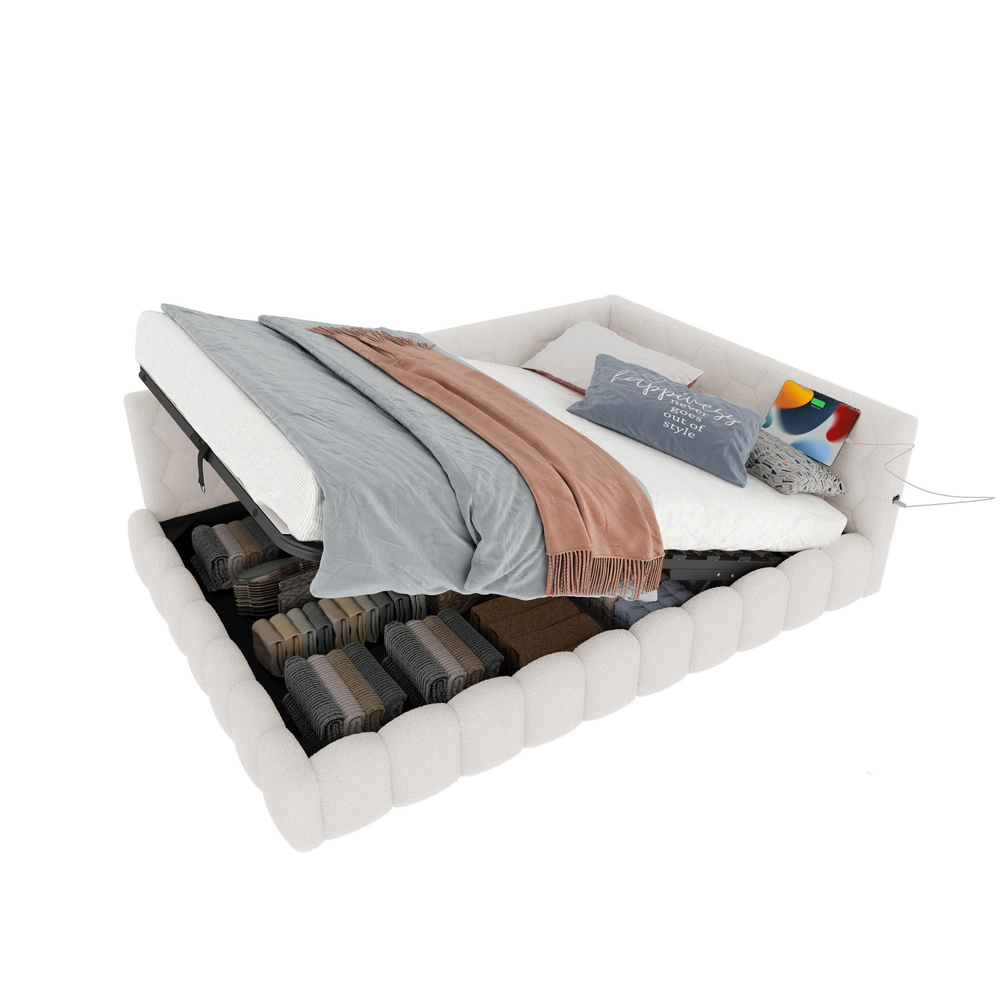 POLSTERBETT 140/200 cm Weiß mit Stauraum, LED-Beleuchtung und USB - Weiß, Textil (140/200cm) - Flora Grace