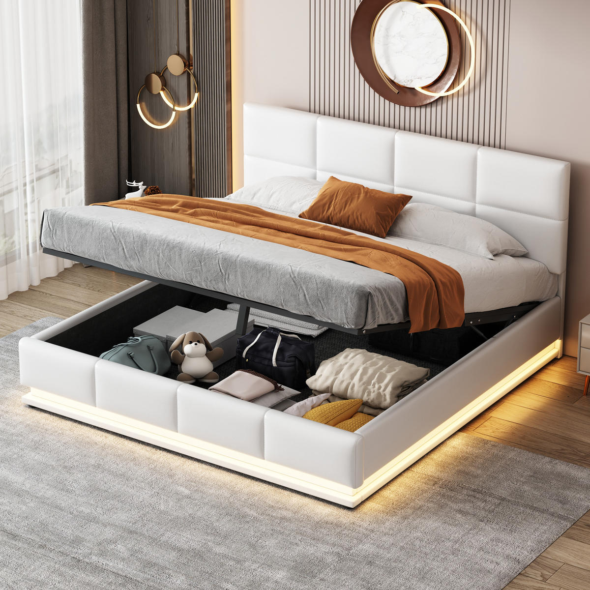 POLSTERBETT 160x200 Weiß LED Stauraum Kunstleder - Weiß, Textil (160/200cm) - FLIEKS
