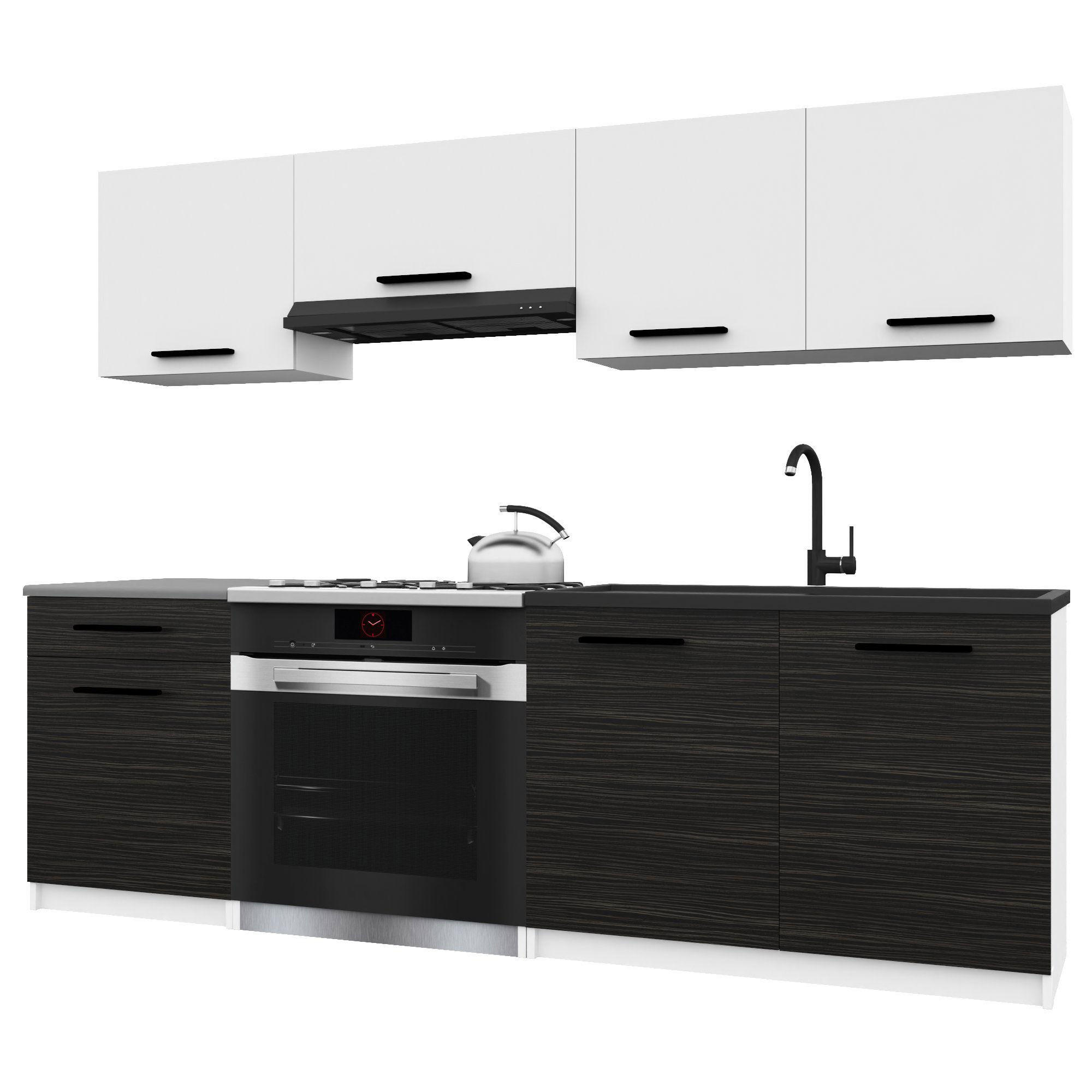 KÜCHENZEILE Italia 1 180 cm, mit Arbeitsplatten, Weiß-Ebenholz Matt - Schwarz/Weiß, Holz (180/143/60cm) - B BELINI GROUP