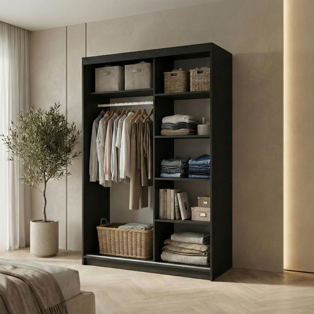 SCHWEBETÜRENSCHRANK Hela 100/205/60 2-türig schwarz mit Spiegel - Schwarz, Holzwerkstoff (100/205/60cm) - Beautysofa