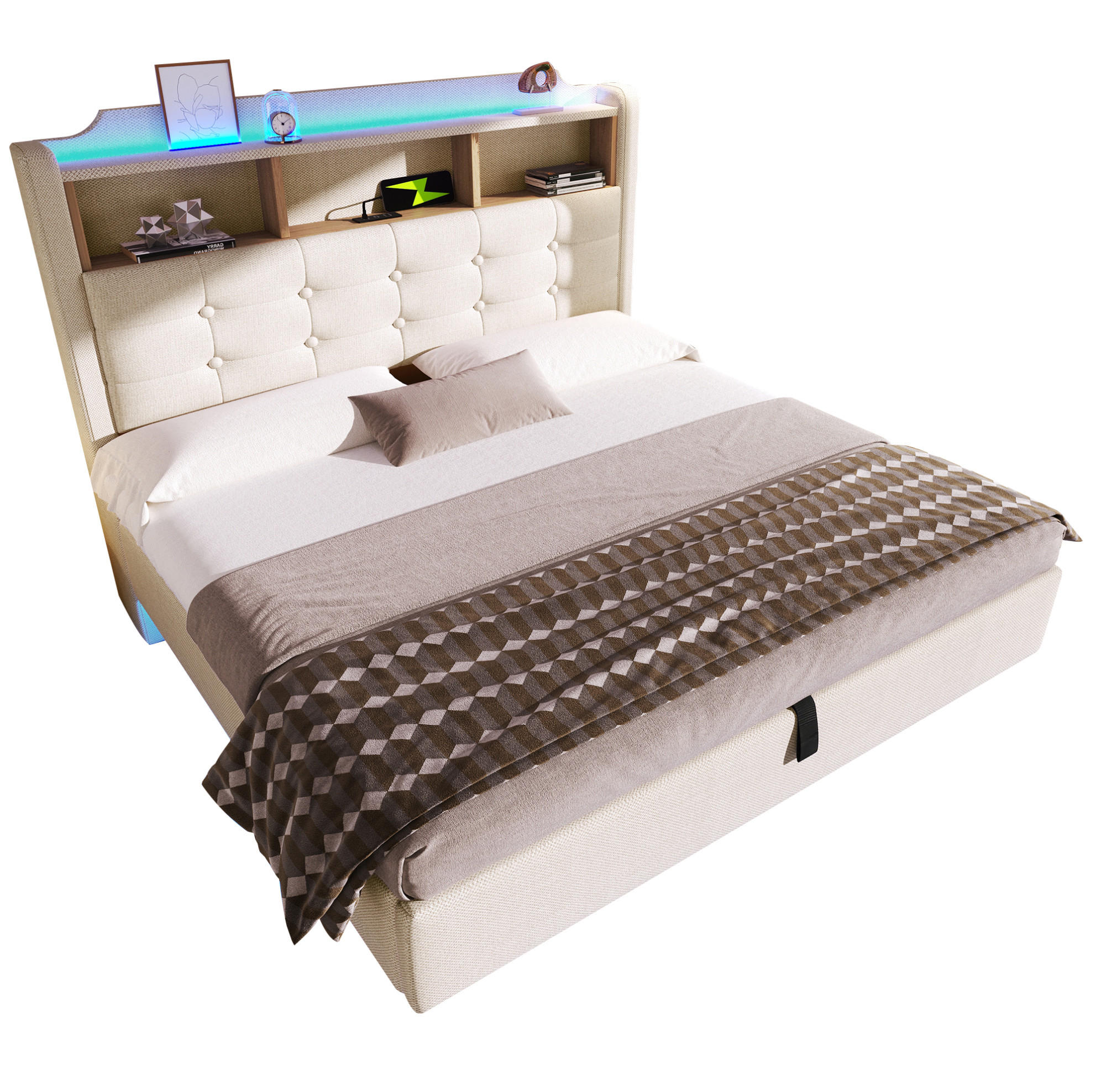 POLSTERBETT 140/200 cm Beige mit Stauraum, LED-Beleuchtung und USB-Anschlüssen - Beige, Textil (140/200cm) - Flora Grace