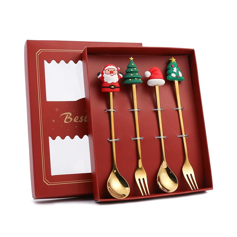 WEIHNACHTS-BESTECK-SET 4-teiliges Edelstahl mit Aufbewahrungsbox Rot - Goldfarben, Metall