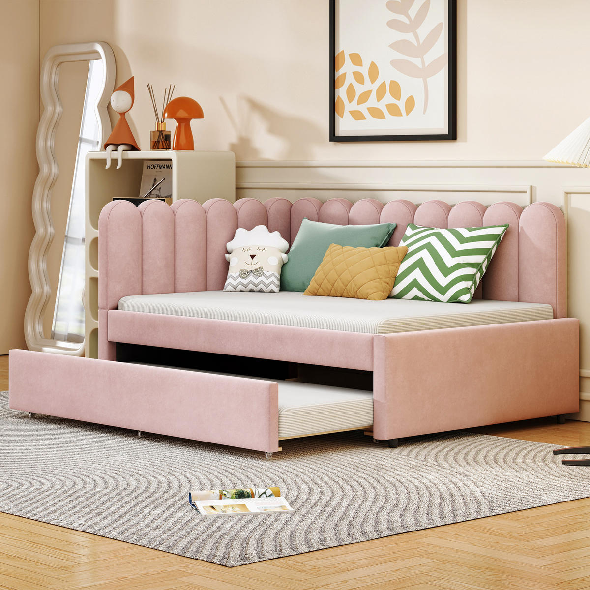 SCHLAFSOFA 140/200 cm in Rosa Samt mit Ausziehbett - Rosa, Holzwerkstoff/Textil (140/200cm) - WISHDOR