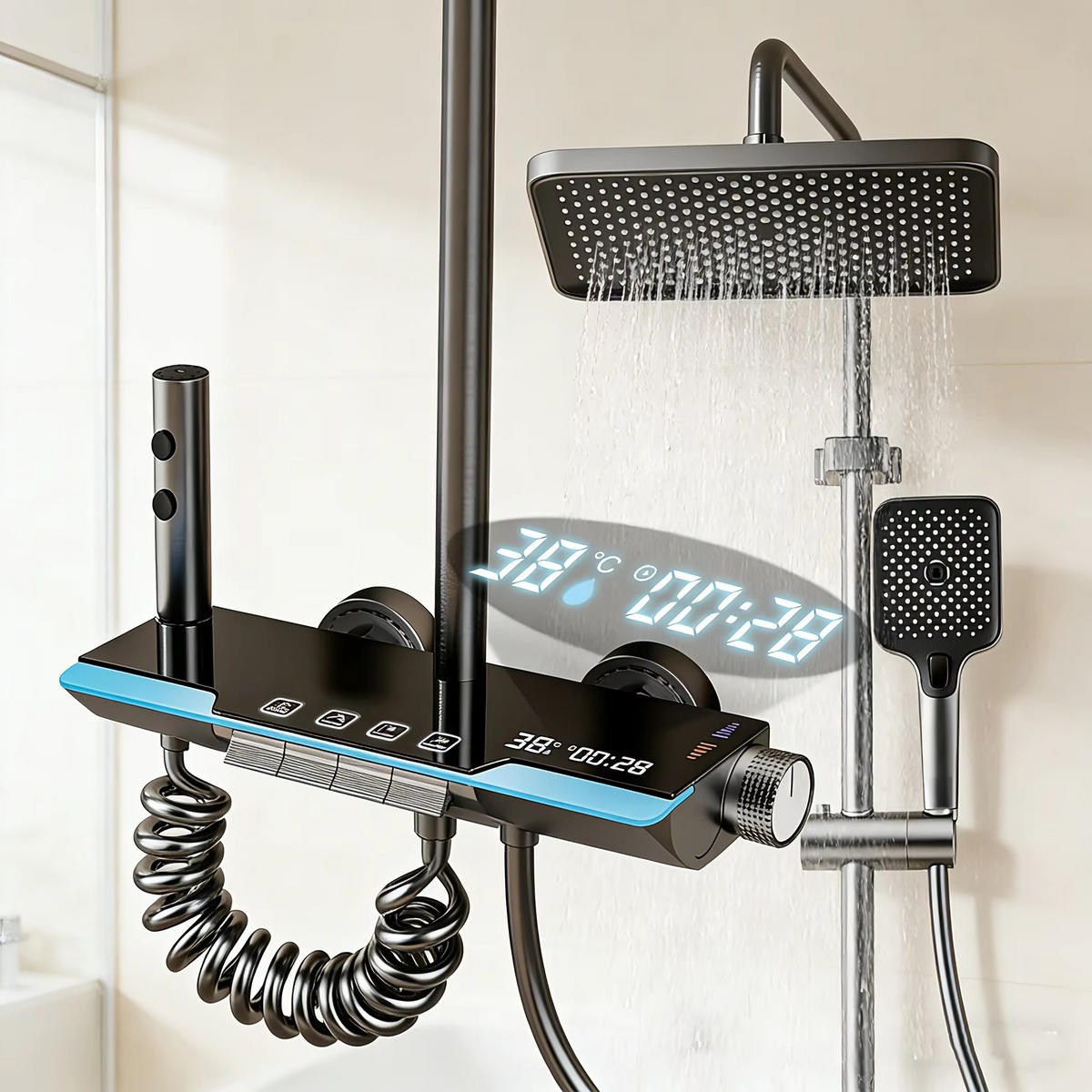 ÜBERKOPFBRAUSESET 4 Funktionen Spray Modus LED - Schwarz, Metall (30/120/35cm) - Kaket