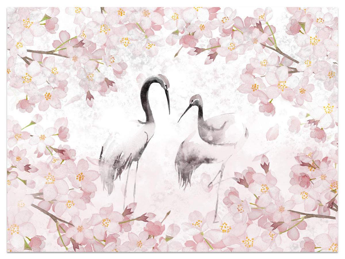 FOTOTAPETE für Schlafzimmer Kraniche Kirschblüten Aquarell Natur Rosa Vintage Blüten 150x105 - Beige/Rosa, Papier (150/105cm) - Muralo