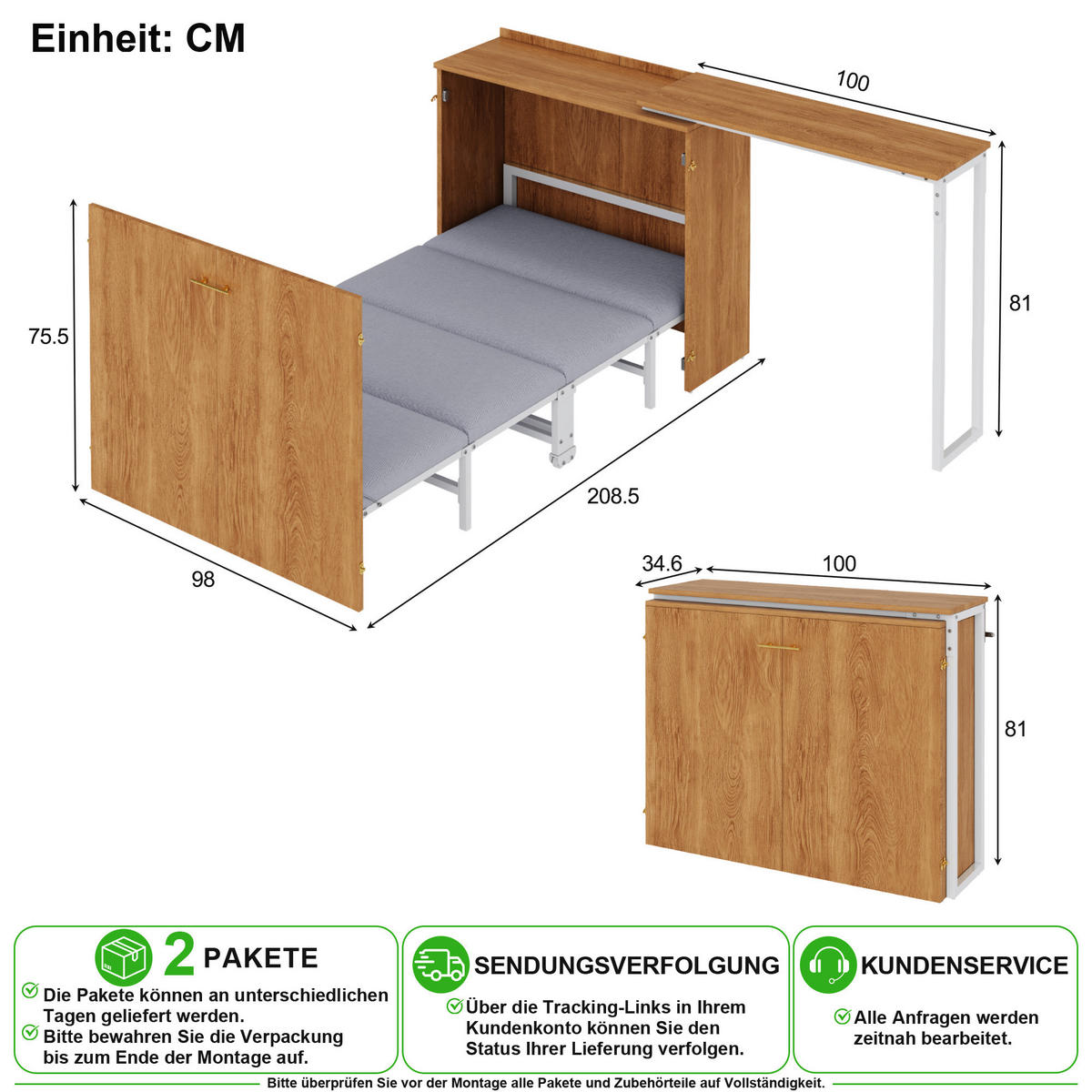 KLAPPBETT 90/200 cm in Natur mit Drehschreibtisch und Rollen - Naturfarben, Holzwerkstoff/Textil (90/200cm) - CHICFURN