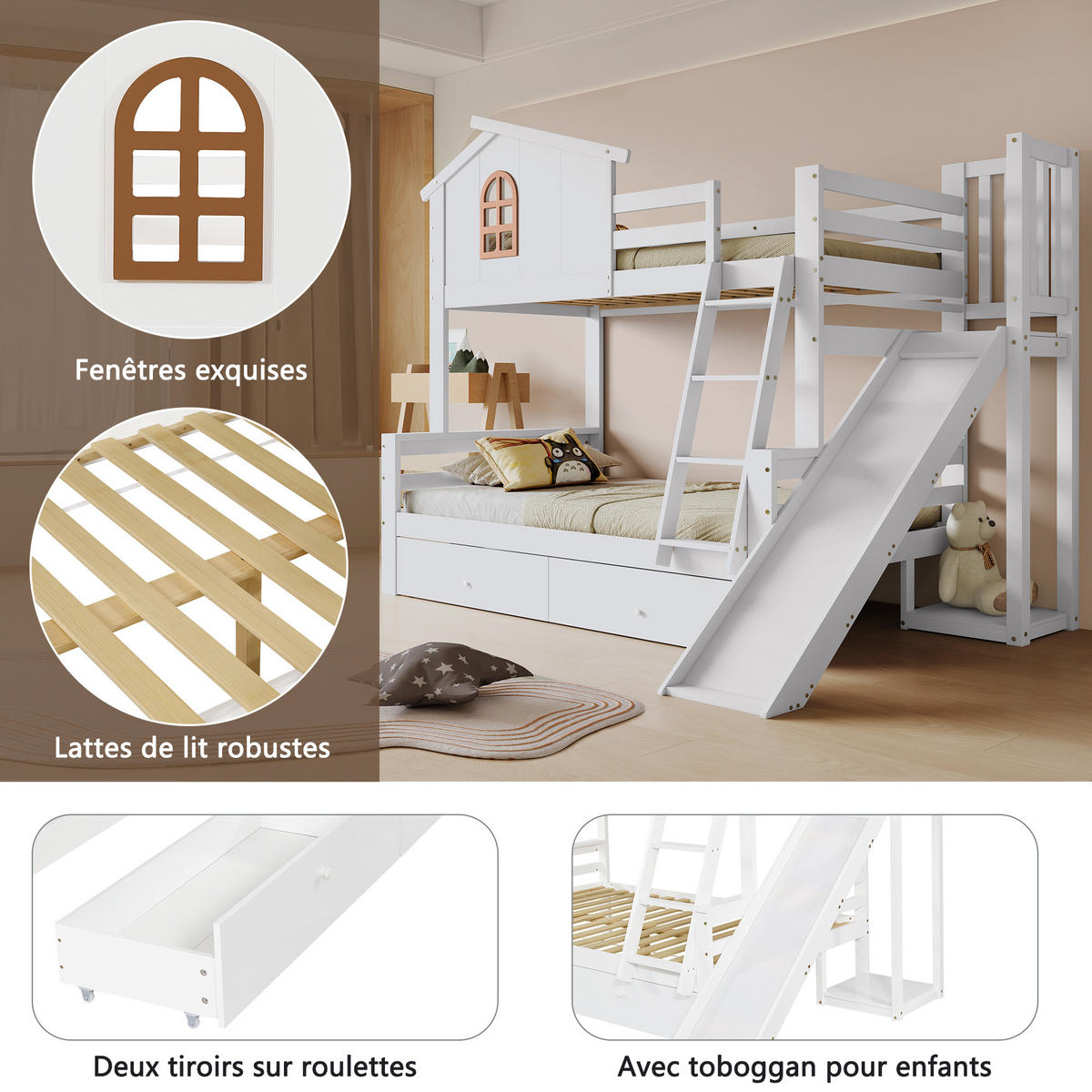 ETAGENBETT 90x200/120x200 cm Rutsche Schubladen - Weiß, Holz (90/200cm) - LEBENLANG