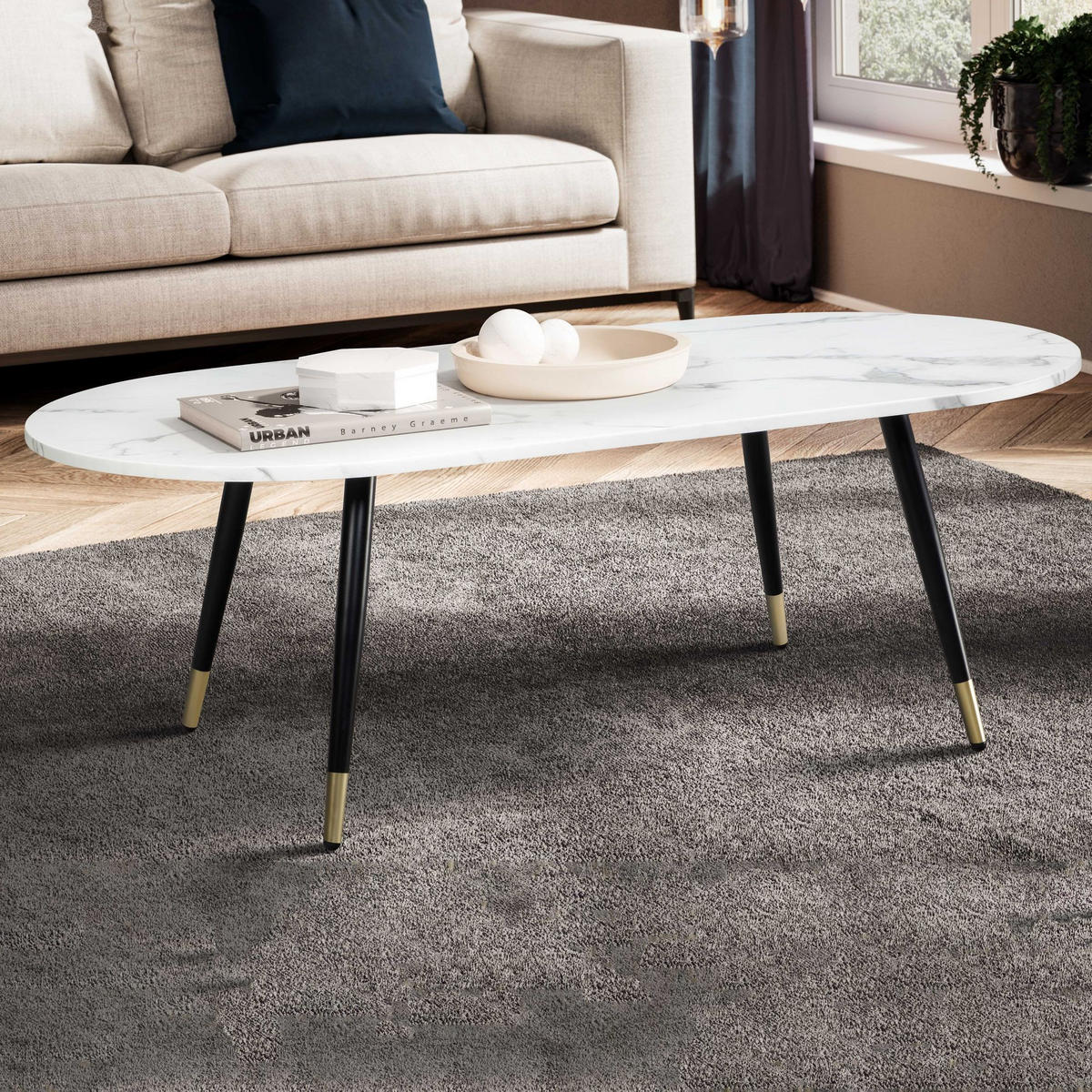COUCHTISCH oval in Marmor-Optik – mit Metallgestell im modernen Design, Weiß 120x60x42 cm - Goldfarben/Weiß, Holzwerkstoff/Metall (60/120/42cm) - KADIMA DESIGN