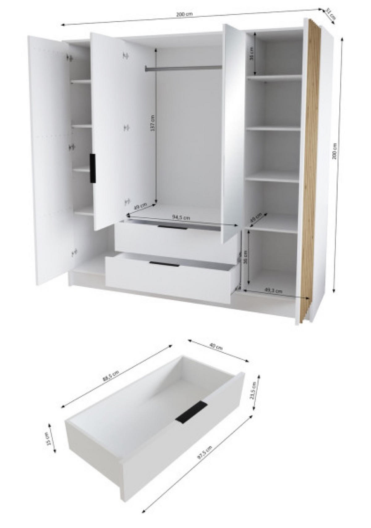 SCHRANK Weiß ORE 200 Mit Lamellen Und Spiegel Craft Gold - Eichefarben/Goldfarben, Holzwerkstoff (200/200/51cm) - Sepro Meble
