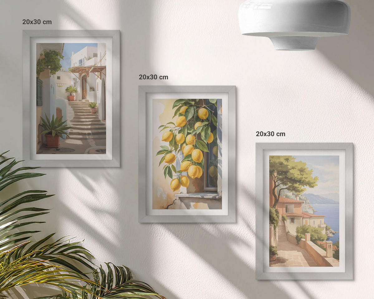 WANDBILDER 3er Set - 20x30 cm Silberner Rahmen - Lemon Streets Meerblick - Silberfarben, Kunststoff (20/30cm) - ArtPrintCave