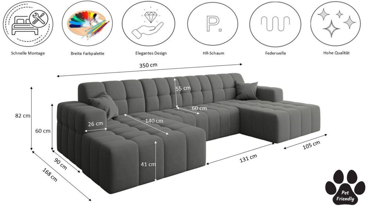 ECKSOFA U-Form Nimes Stoff Portland Anthrazit - Anthrazit, Holz/Textil (168/350cm) - Kaiser Möbel