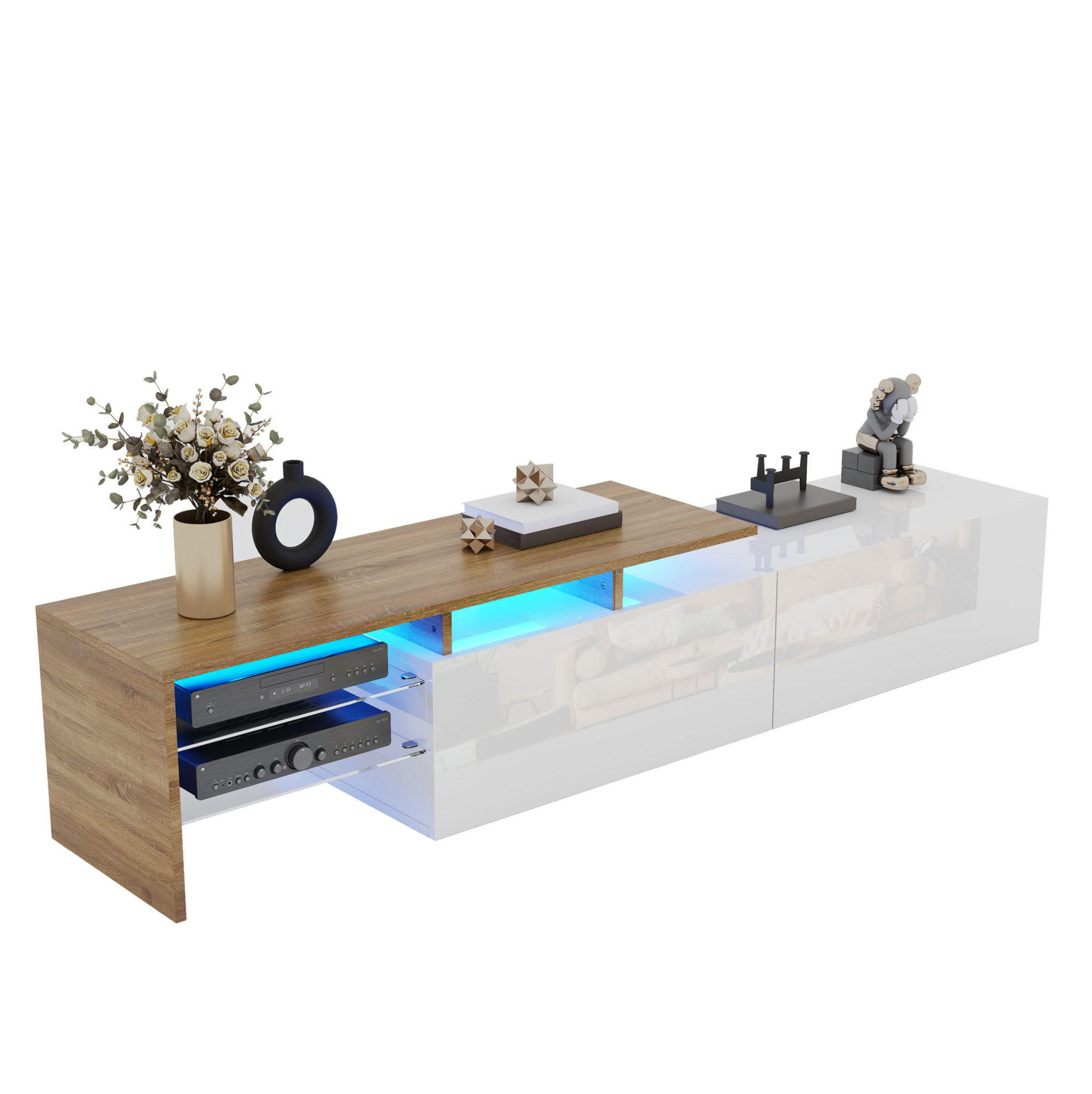 TV-SCHRANK aus Spanplatte 170x33x33,5 cm Weiß/Natur mit LED-Beleuchtung, Glasböden und Stauraum - Weiß, Holzwerkstoff (170/33.5/33cm) - Modfu