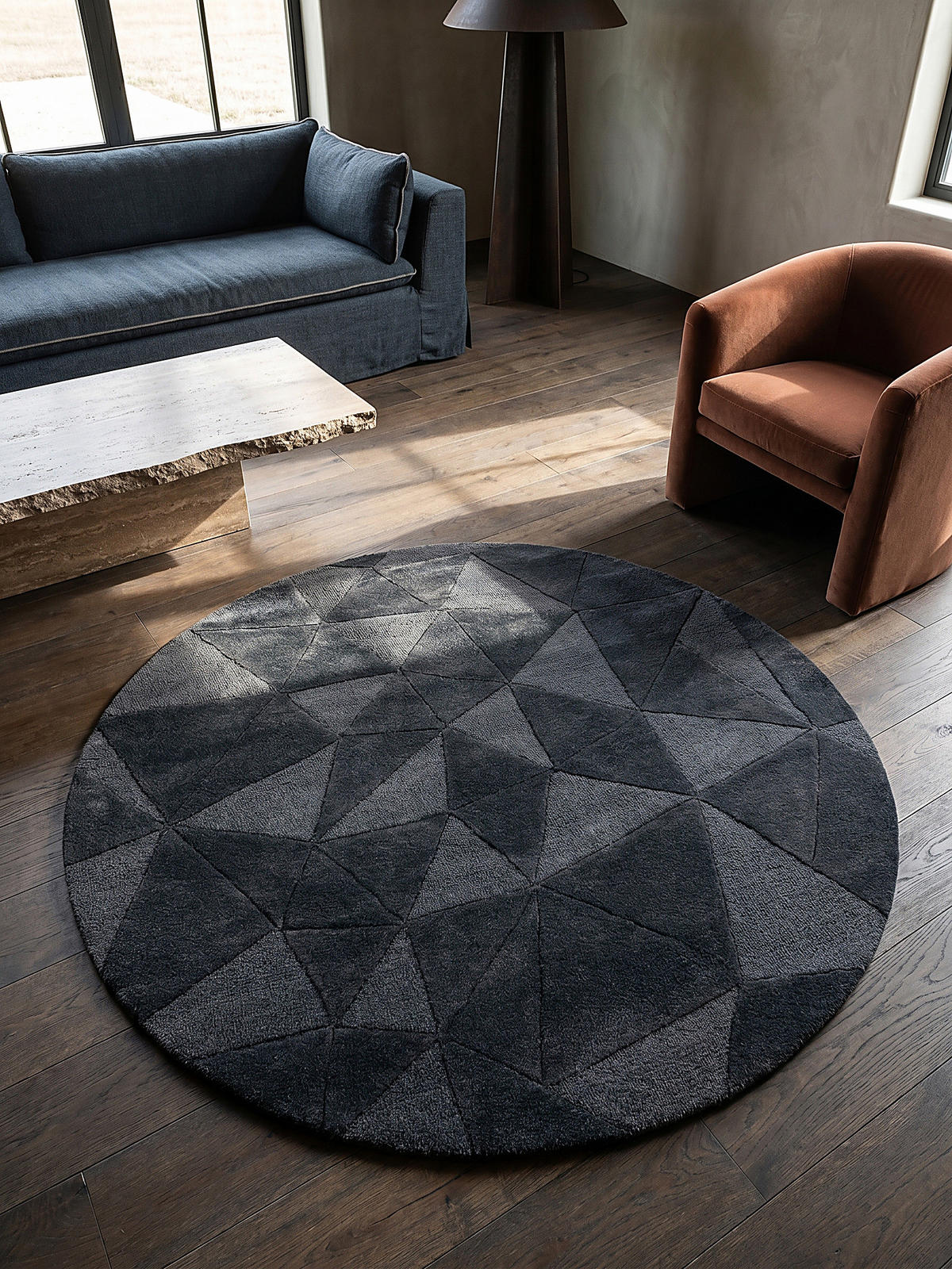 WOLLTEPPICH DEBEN, geometrisch, Anthrazit, Ø 160 cm - Anthrazit, Textil (160/160cm) - KADIMA DESIGN