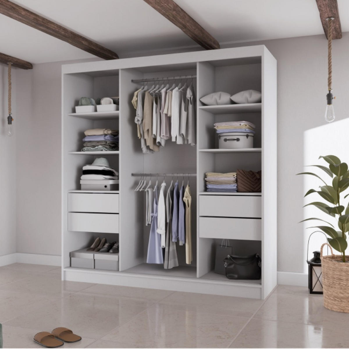 SCHRANK Weiß Filo V200 Schiebetür Mit Spiegel Und Schwarzen Sprossen - Weiß, Holzwerkstoff (200/215/61cm) - Sepro Meble