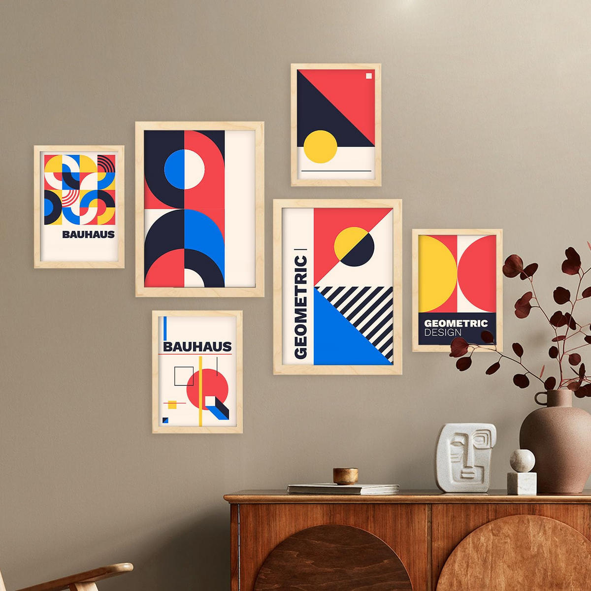 POSTER Set Mit 6 Drucken Im Bauhaus 5 Geometrische Designkollektion Drucke Mit Ästhetische Dekorative Für Zuhause A3 & A4 Rahmen Aus Hellem Holz - Beige, Papier (29/3cm) - Nacnic