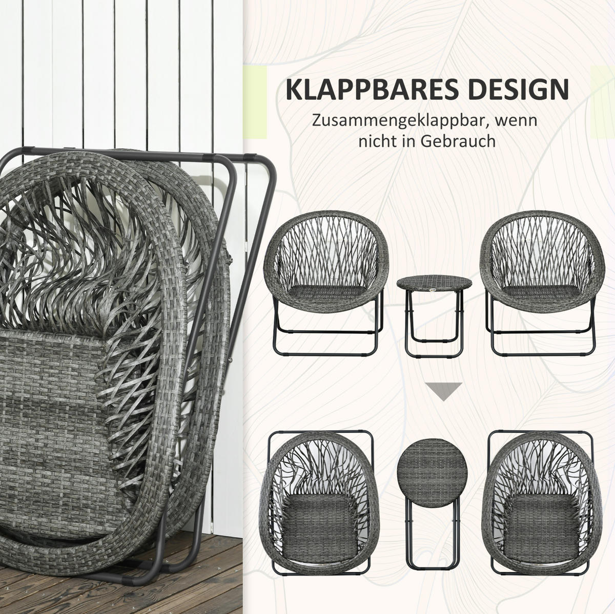 GARTENGARNITUR aus Rattan 77x76x78 cm Grau klappbar mit 2 Stühlen und rundem Tisch - Grau, Naturmaterialen - Modfu