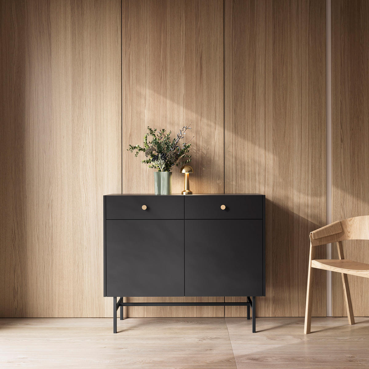 KOMMODE Dalia mit 2 Türen und 2 Schubladen, 104 cm, Schwarz - Schwarz, Holzwerkstoff/Metall (104/84/39cm) - Beautysofa