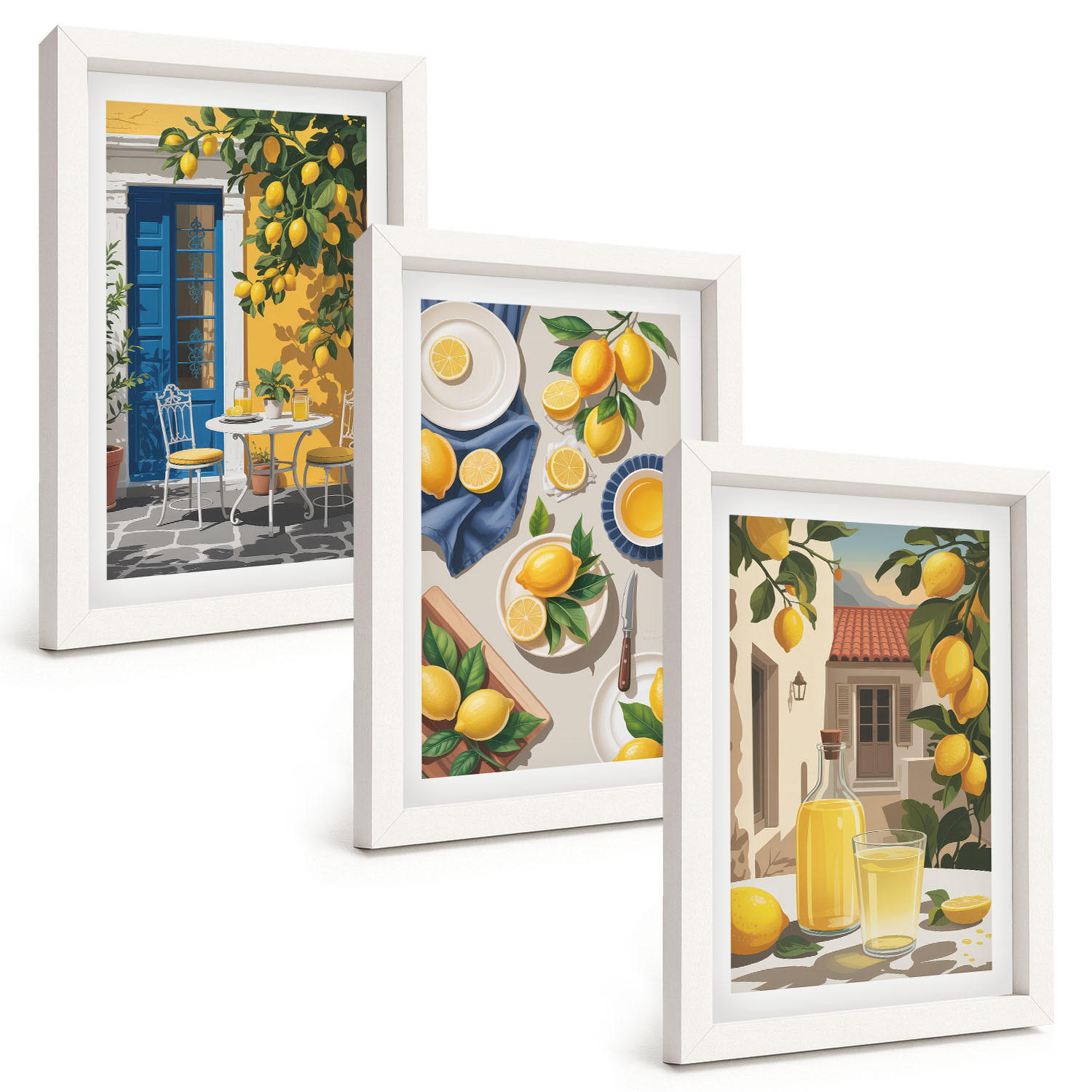 BILDER SET 3er Set - 20x30 cm Weißer Rahmen - Zitronengarten mit Getränken - Weiß, Kunststoff (20/30cm) - TULUP