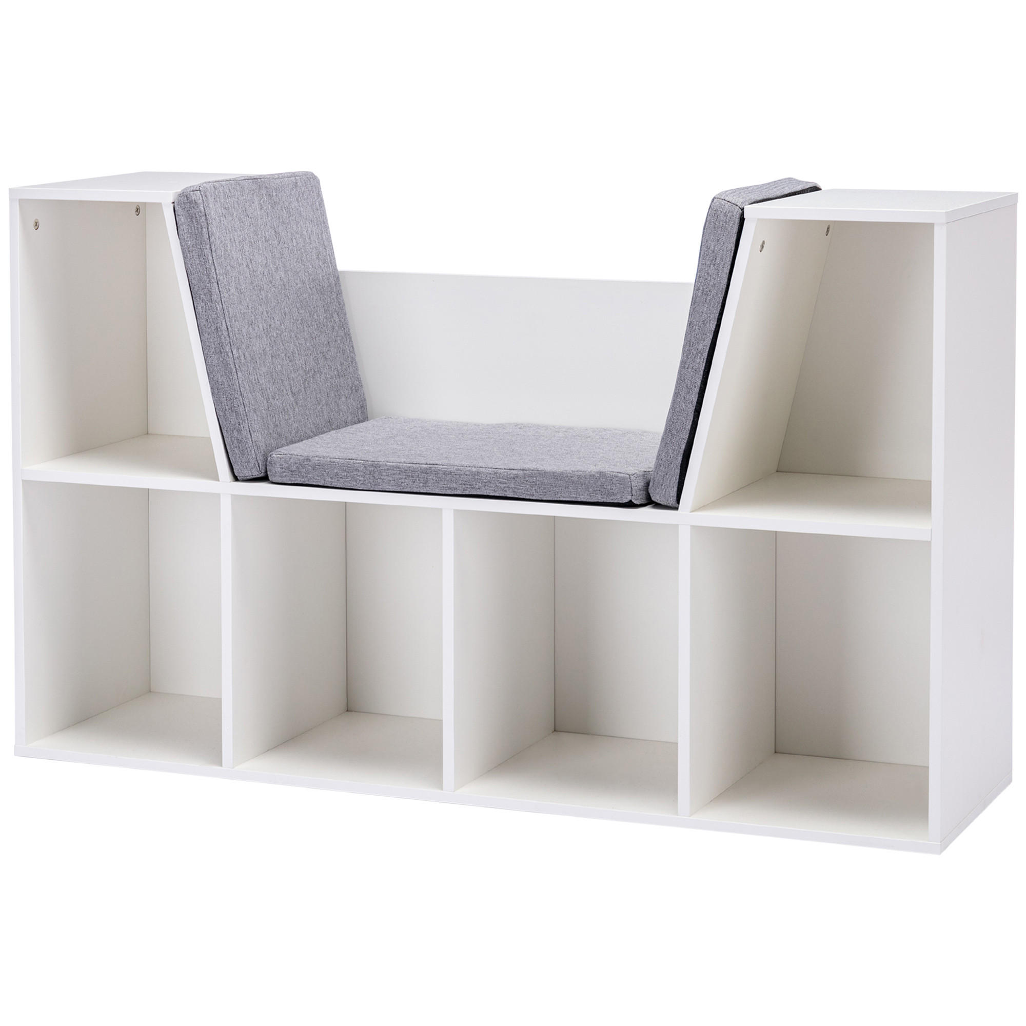 KINDERREGAL 2-in-1 Eckregal mit 6 Fächern Kindersitzbank mit Kissen Weiß+Grau - Weiß/Grau, Holzwerkstoff/Textil (30/62/103cm) - HOMCOM