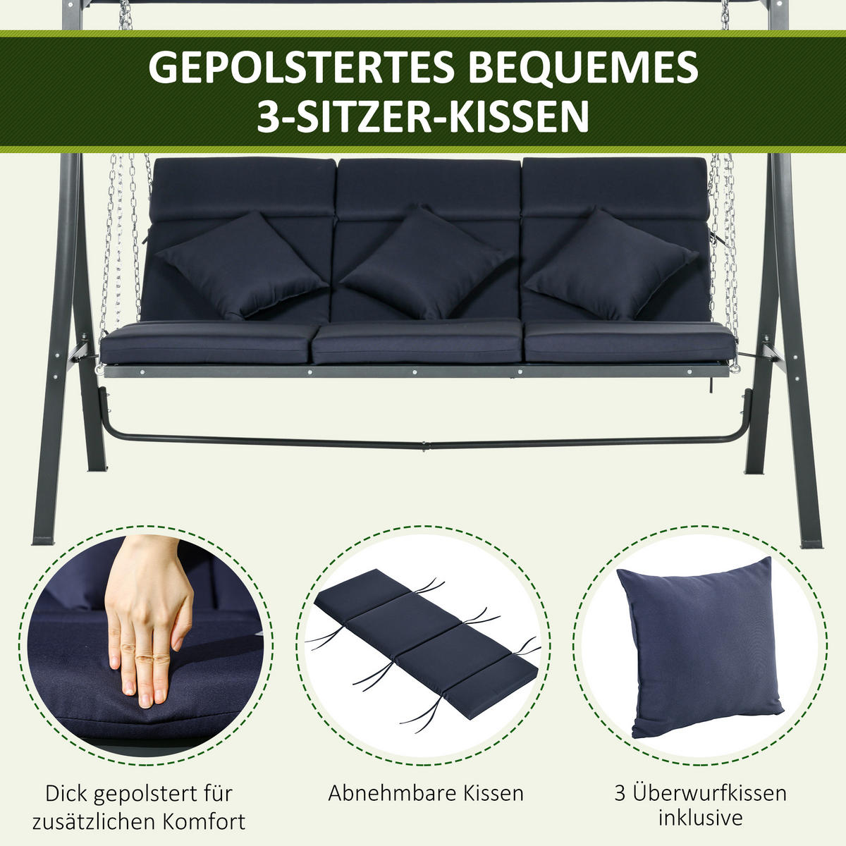 HOLLYWOODSCHAUKEL DE-07024 3 Personen, verstellbares Sonnendach Dunkelblau - Schwarz/Dunkelblau, Textil/Metall (198/168/118cm) - ComfortXL
