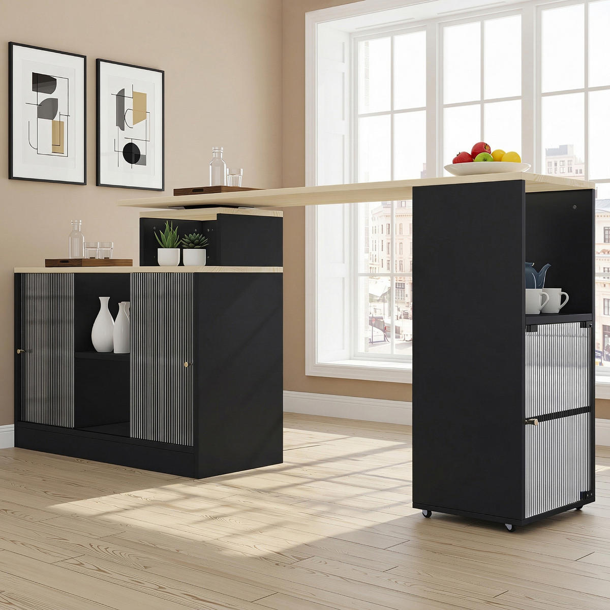 KUCHYŇSKÝ OSTRŮVEK rozkládací 170 cm, černý, otočný, skleněná dvířka - černá, kompozitní dřevo (115/60/100cm) - Urban Meuble