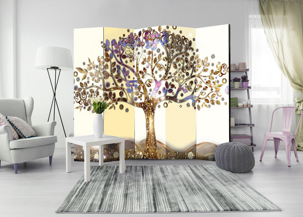 PARAVÁN Akustický 5-Dielny 225x172 cm Zlatý Strom - viacfarebná, drevo/textil (225/172/3cm) - Muralo