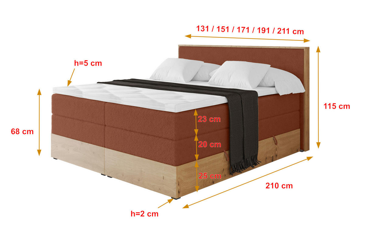 BOXSPRINGBETT LOLLI9 -KING 140x200 - H3/H4 Rot - Rot, Holzwerkstoff (140/200cm) - ALTDECOR