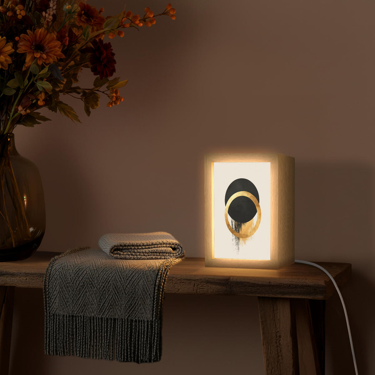 NÁSTĚNNÁ LAMPA Abstraktní design - Černý kruh - Skvrny od barvy 15x20 cm - krémová, kompozitní dřevo (15/20/8cm) - OnlyWow
