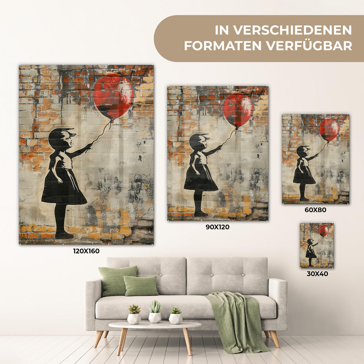 ACRYLGLASBILD Graffiti - Banksy - Mädchen - Straßenkunst 60x80 cm - Sandfarben, Glas (60/80cm) - MuchoWow