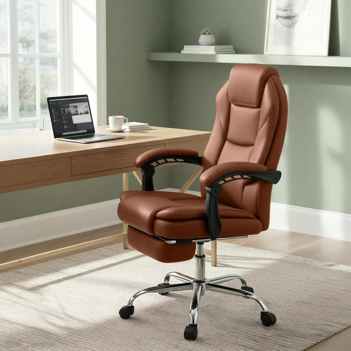 CHEFSESSEL Lederlook Hellbraun - Chromfarben/Hellbraun, Textil/Metall (67/114/64cm) - CLP