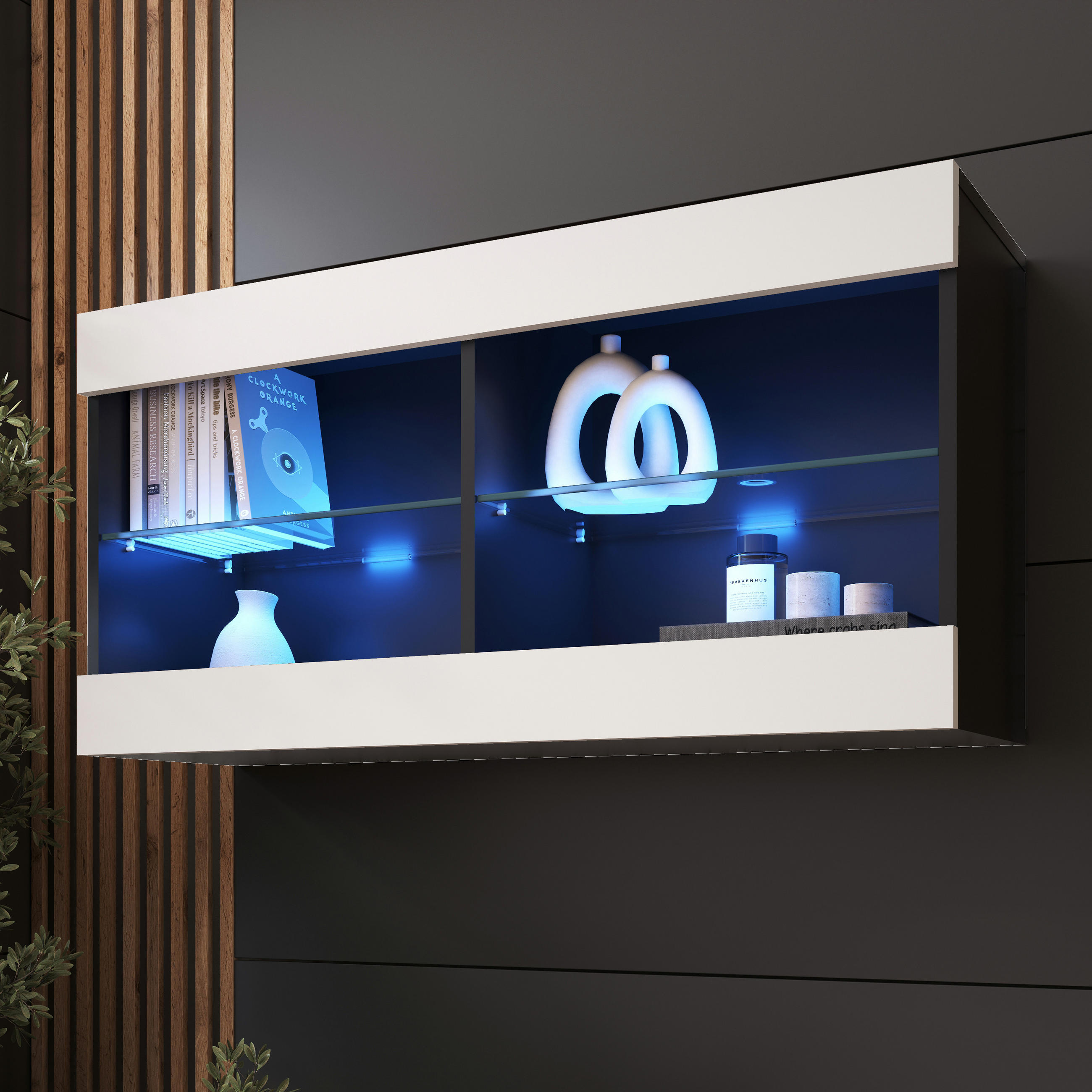 HÄNGEVITRINE TIVOLI HORIZONTAL 100, Weiss, LED Blau - Schwarz/Weiß, Glas/Holzwerkstoff (100/50/29.5cm) - Komodee