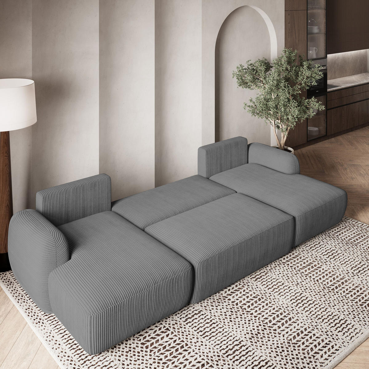 WOHNLANDSCHAFT SAVONA P Grau Kordstoff mit Schlaffunktion - Grau, Holz (320/90/148cm) - MASSENO