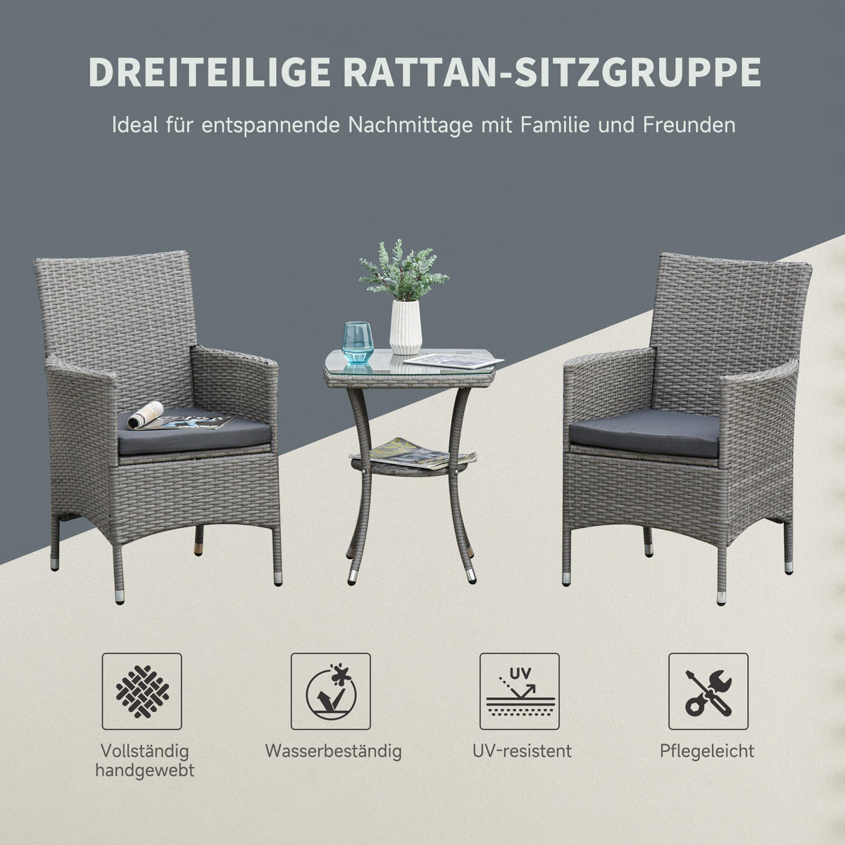 RATTAN Gartenmöbel Set mit Beistelltisch, Bistroset 3-tlg., Polyrattan + Stahl - Grau, Metall - Outsunny