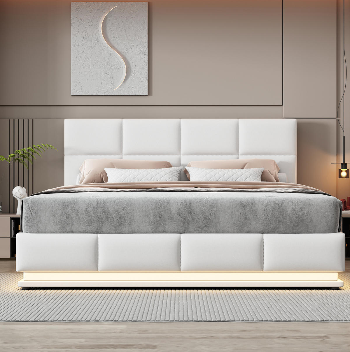 POLSTERBETT 180/200 cm weiß LED-Beleuchtung mit hydraulisch anhebarem Bettkasten - Weiß, Textil (180/200cm) - OKWISH