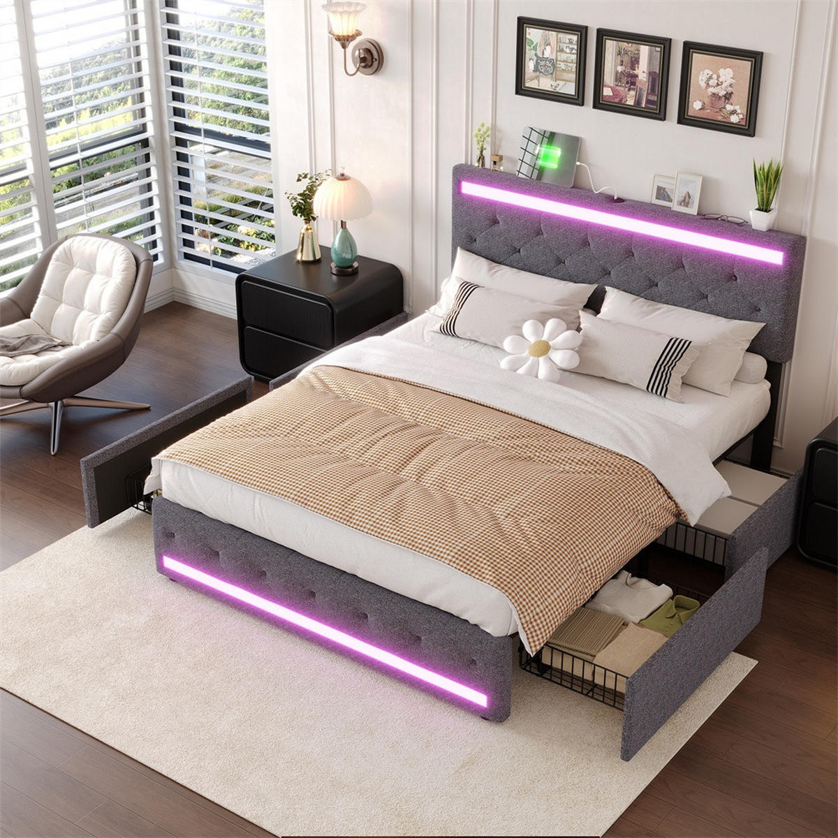 POLSTERBETT 160x200 cm Lumina Modern mit RGB-LED-Beleuchtung & 4 Schubladen, Leinen-Optik, Dunkelgrau - Grau, Textil (160/200cm) - DELFA