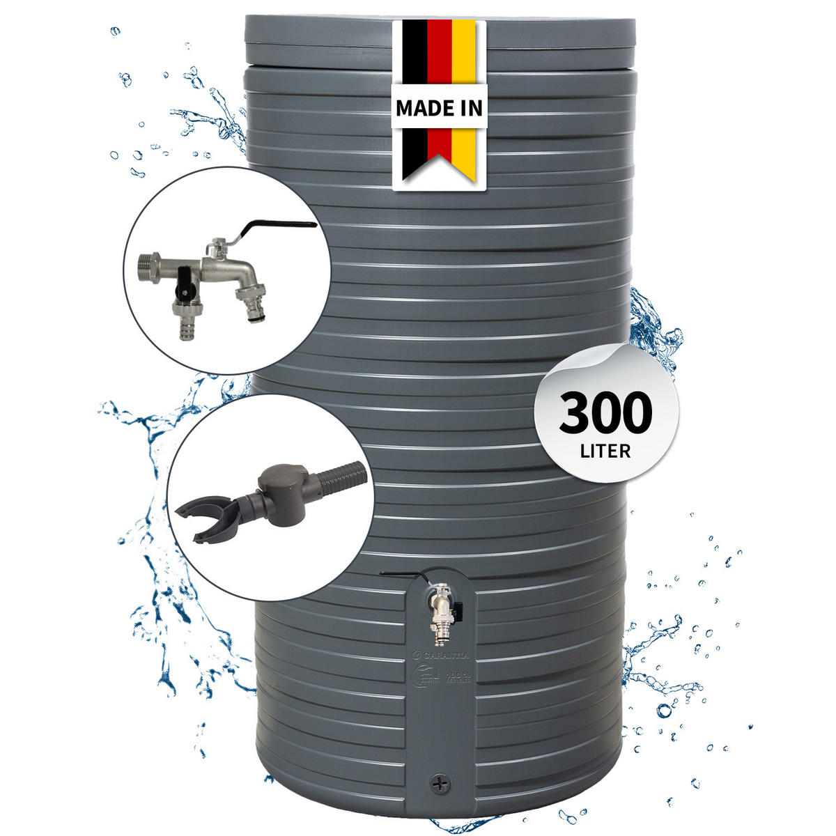 REGENTONNE Komplett-Set 300 L, graphite grey inkl. Chrom-Doppelauslaufhahn und Fallrohranschluss - Grau, Kunststoff (59/118/60cm) - GARANTIA