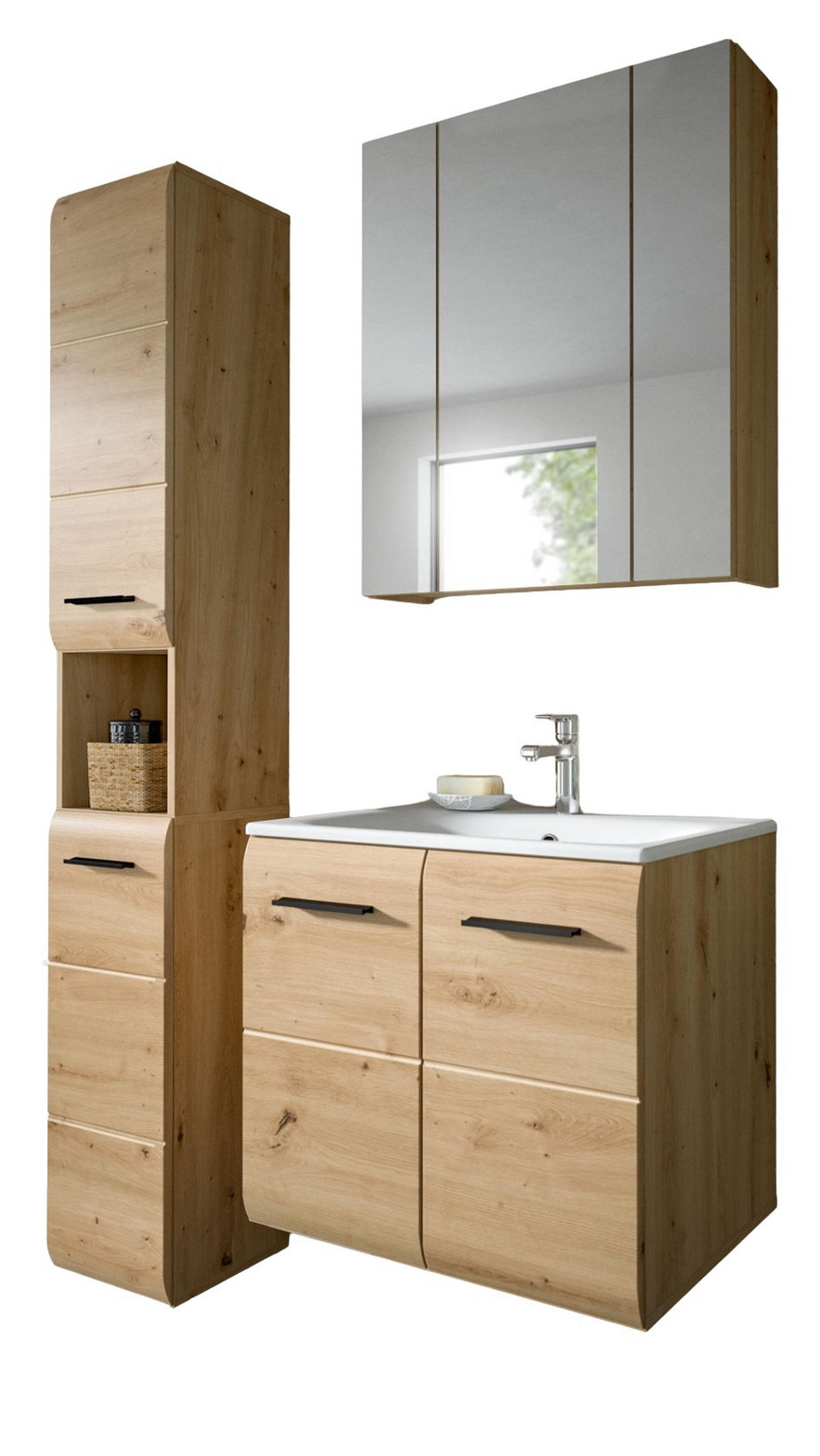 BADMÖBEL-SET 3-teilig Eiche Artisan, Badkombination 105 cm mit Waschbecken, Cover - Schwarz/Eiche Artisan, Glas/Keramik (105/185/46cm) - Inn.Furn