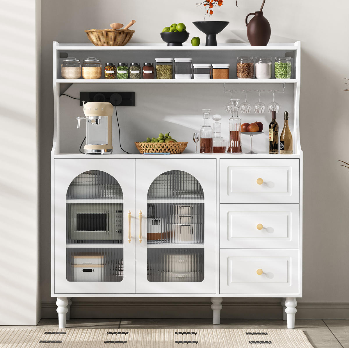 BUFFET 120x40x138.5 cm Weiß mit Fluted Glas & Ladestation - Weiß, Holzwerkstoff (120/138.5/40cm) - Modfu